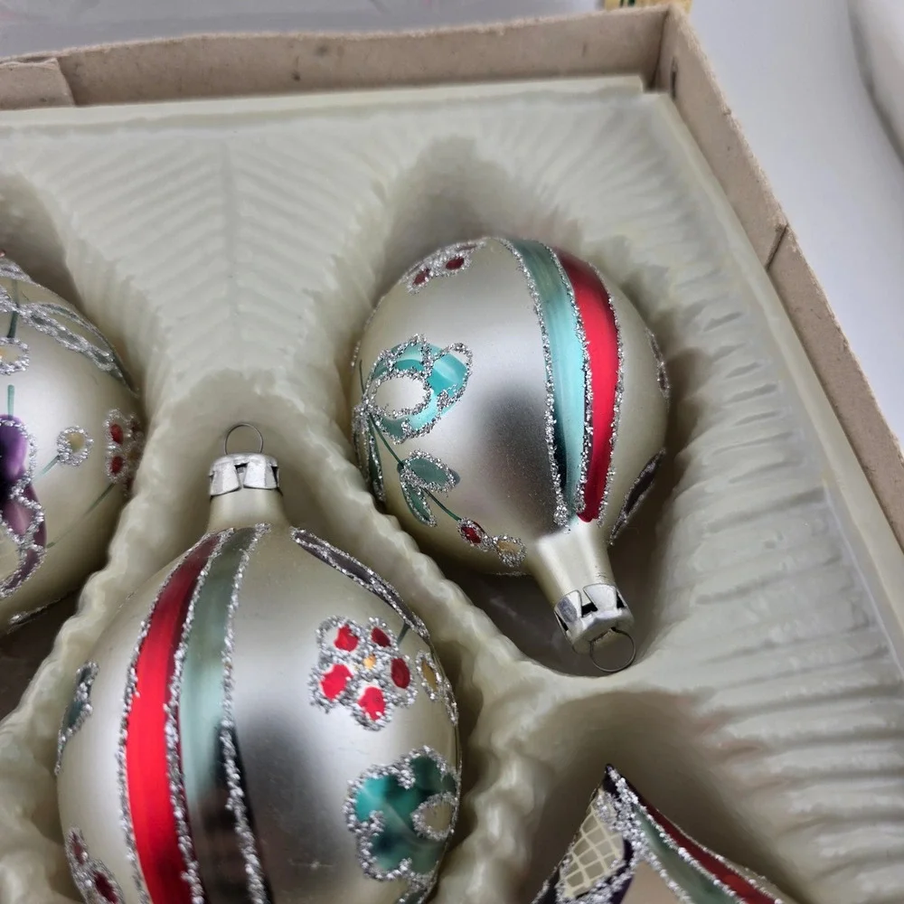 Christmas Classics Glass Ornaments‎ Hand Decorated Lot 5 Frosted Teardrop